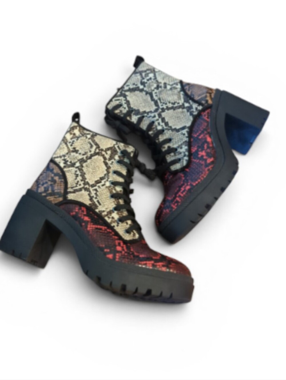 BAMBOO Snake-Print Lace-Up Chunky Heel Goth Combat Red/Natural Boots NWOT Sz 9